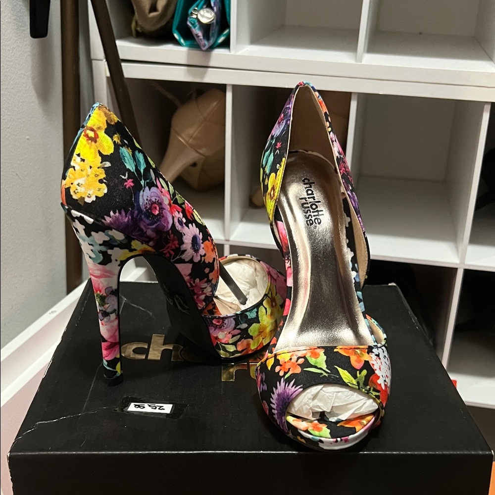 Charlotte Russe Black Multicolor Floral Open-Side Peep-Toe Heels